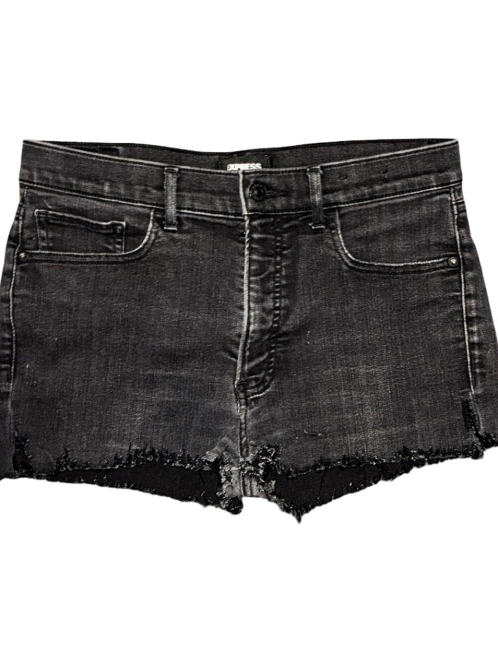 Sz.10*Express*Black Denim Short-Shorts--Mid-Rise--Frayed Hem